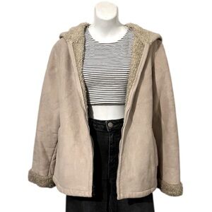 Vintage Esprit 90s Beige Shearling Faux Suede Fur Hooded Collar Zipper Jacket